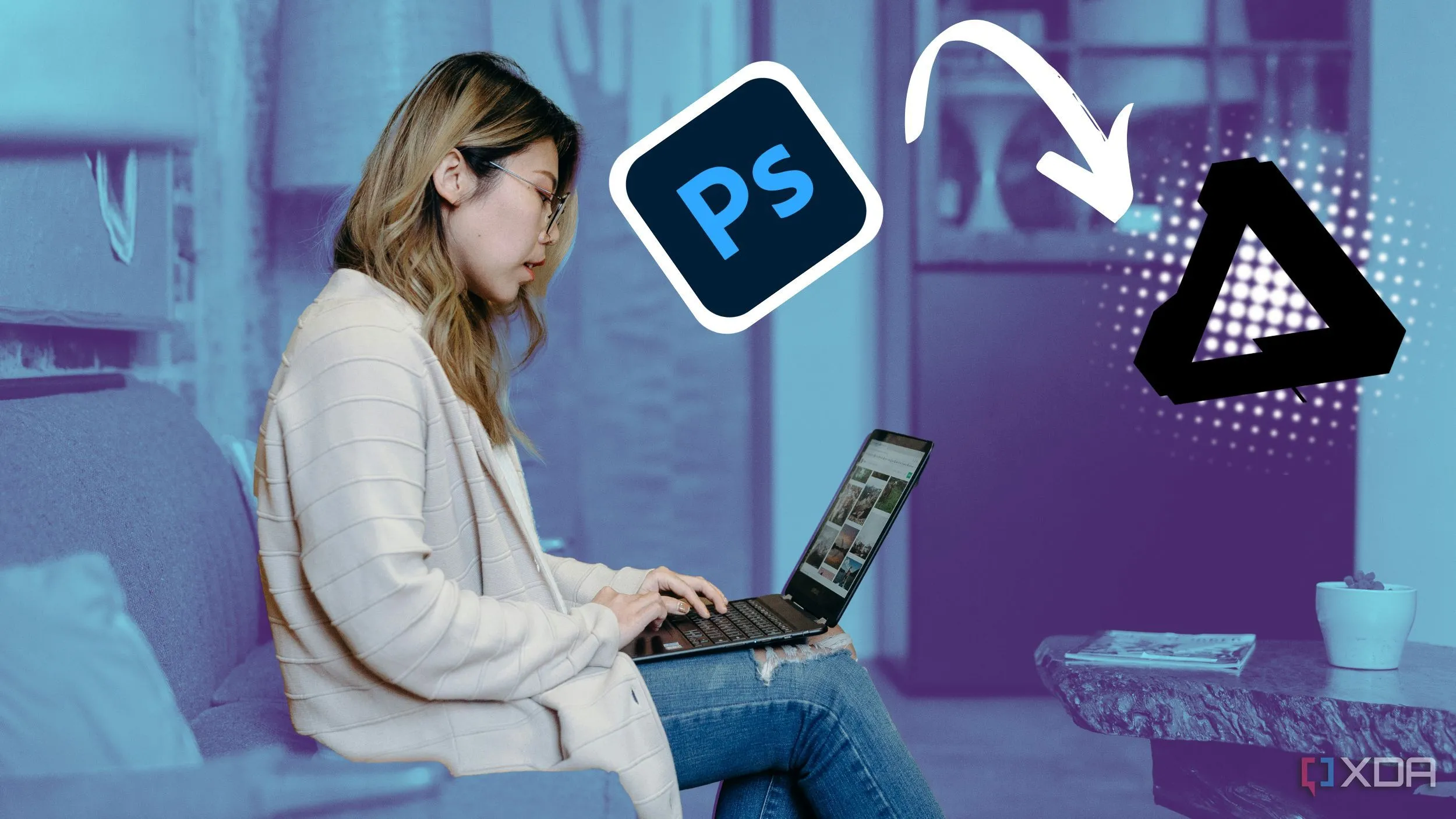 Người phụ nữ đang sử dụng phần mềm sáng tạo trên laptop, mũi tên từ logo Photoshop chỉ sang logo Affinity, tượng trưng cho việc chuyển đổi từ Adobe sang Affinity.