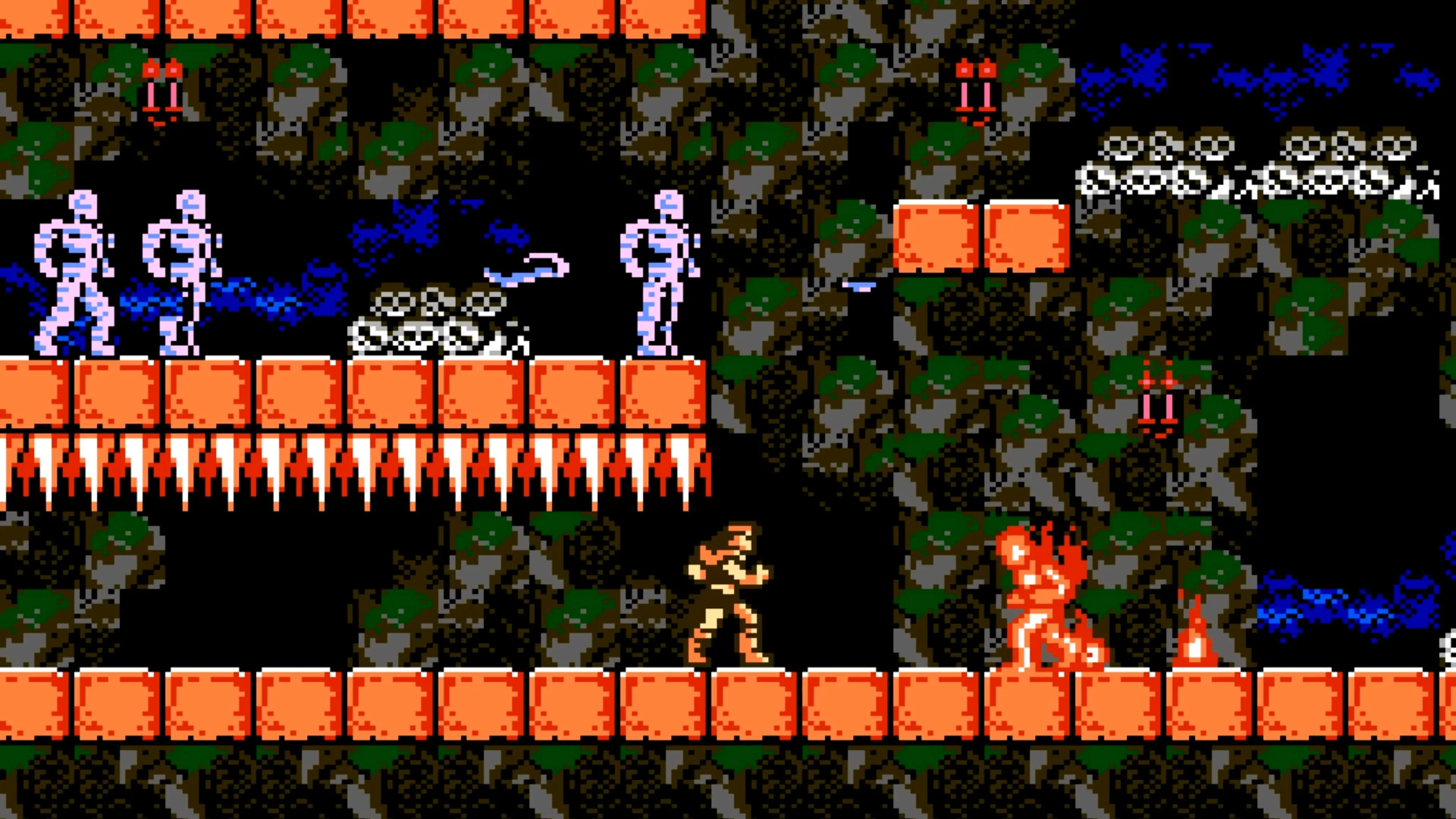 Nhân vật chính đang di chuyển trong một lâu đài Gothic, bối cảnh đặc trưng của Castlevania III trên NES.