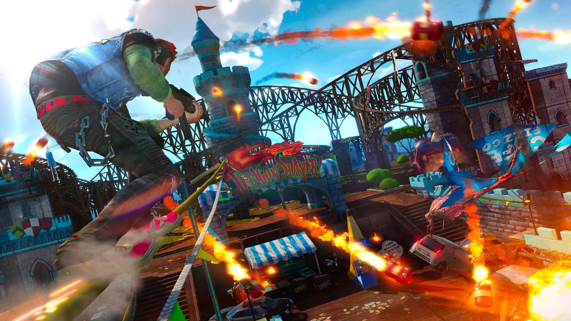 Nhân vật chính đang trượt ván trên đường ray trong Sunset Overdrive, thể hiện gameplay hành động nhịp độ nhanh và khả năng di chuyển linh hoạt.