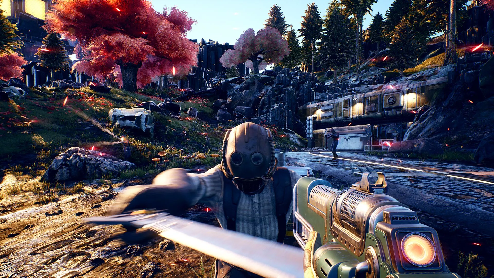 Nhân vật chính đối mặt với NPC trong thế giới mở của The Outer Worlds, thể hiện sự tự do tấn công NPC
