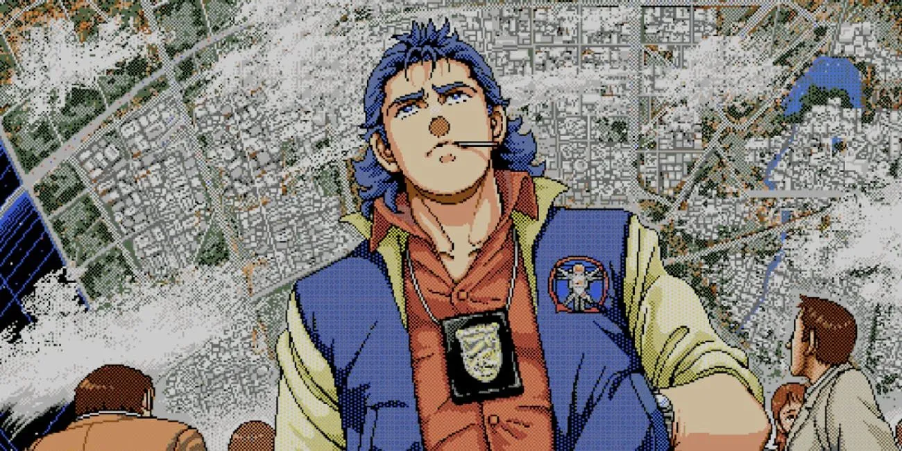 Nhân vật chính Jonathan Ingram trong tựa game phiêu lưu Policenauts của PS1, với bản đồ thuộc địa không gian