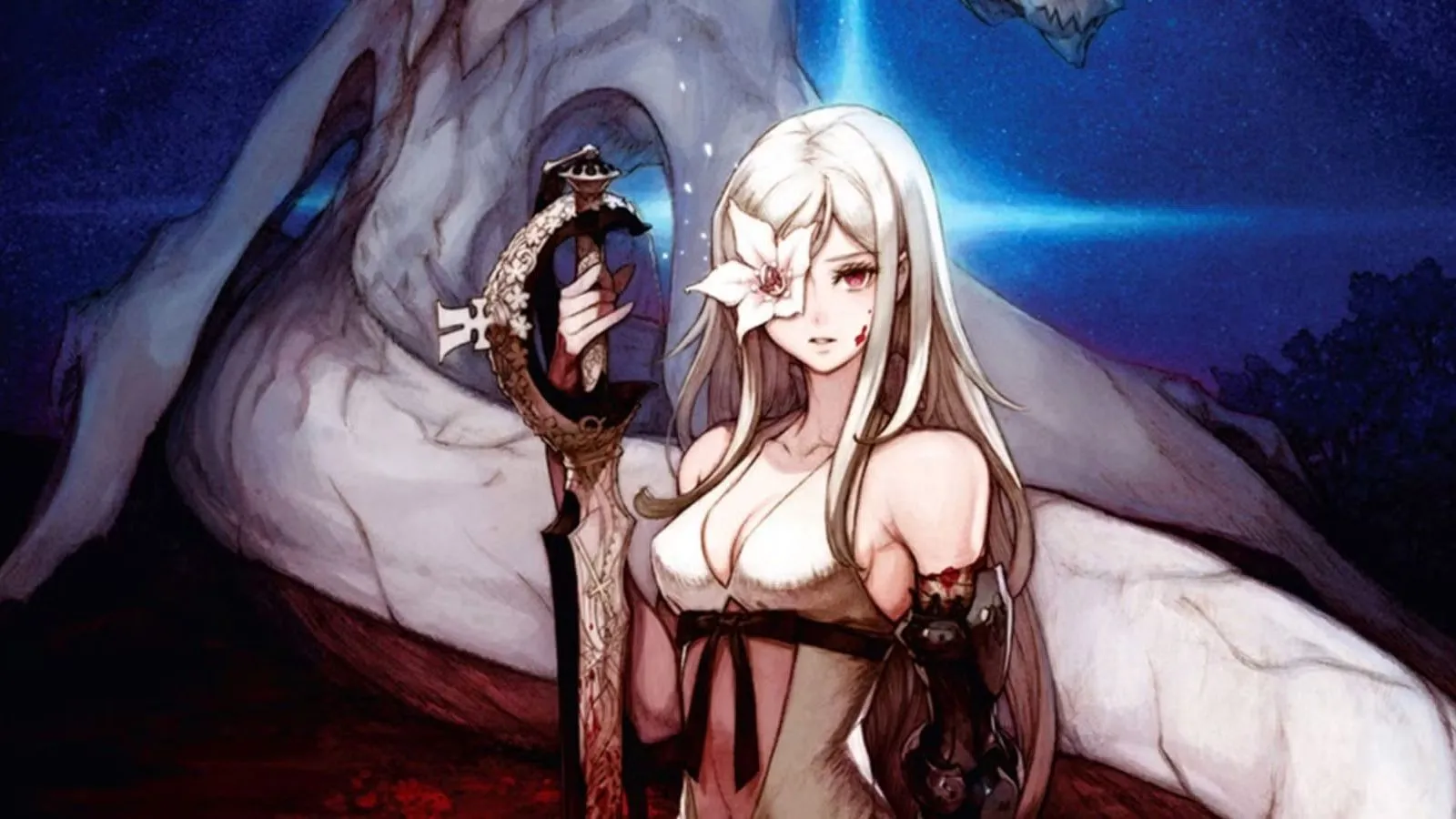 Nhân vật chính Zero với mái tóc trắng và bông hoa trên mắt trong key art của Drakengard 3