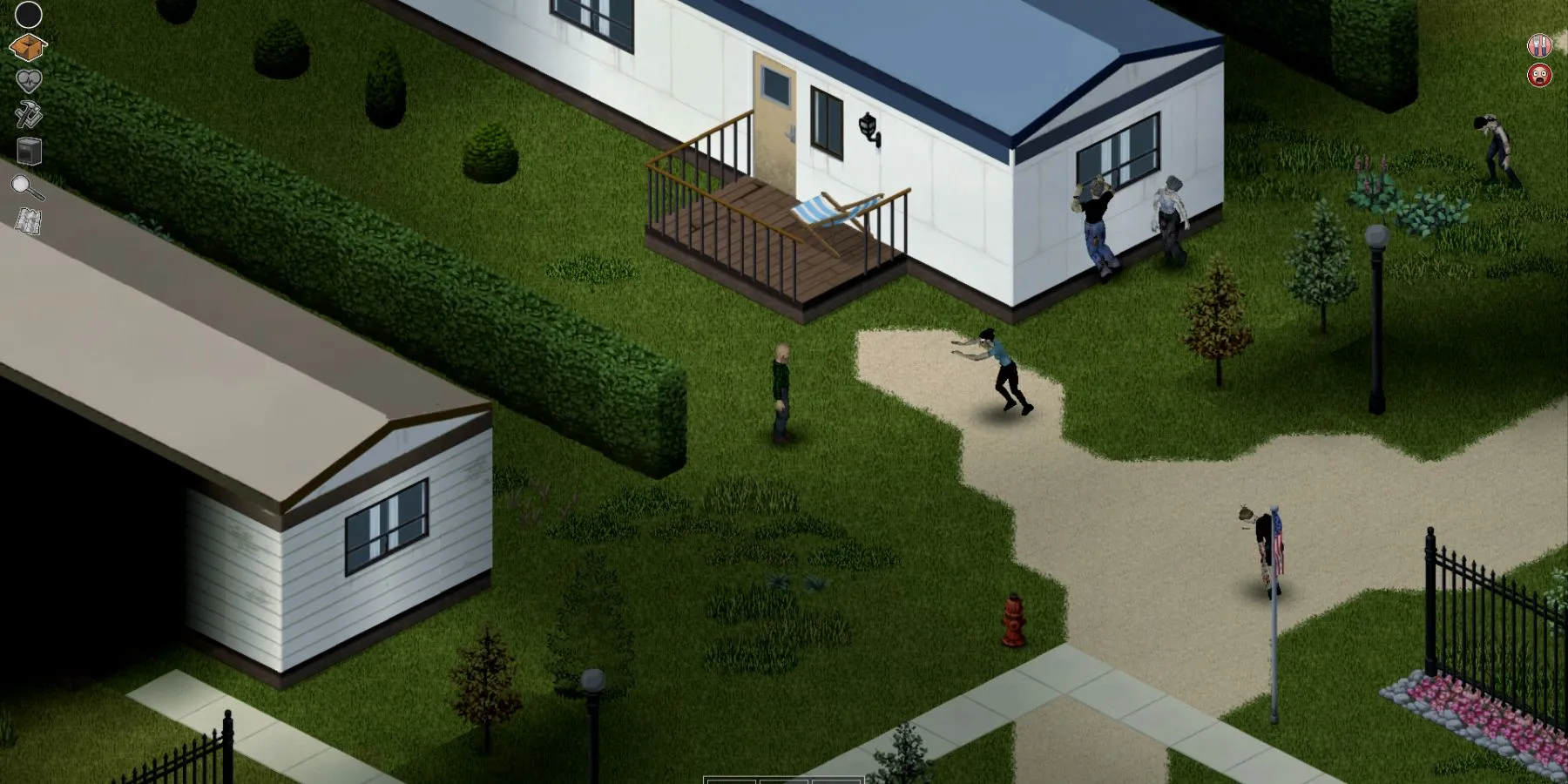 Nhân vật đang khám phá khu công viên xe kéo bị bỏ hoang trong Project Zomboid, zombie đang tiến đến