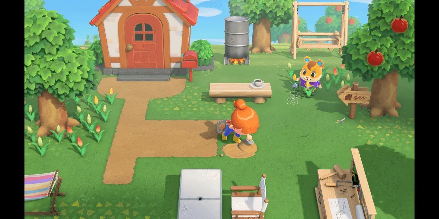 Nhân vật đang trồng cây trong Animal Crossing: New Horizons, thể hiện yếu tố làm vườn và trang trí