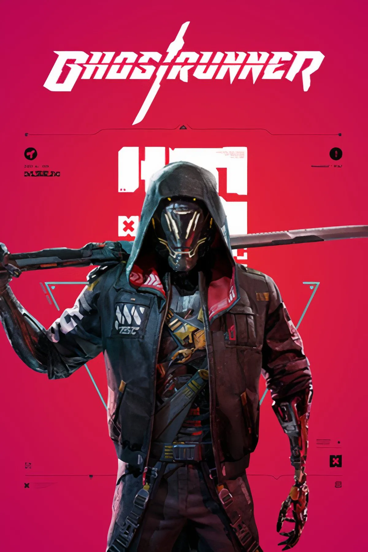 Nhân vật Ghostrunner trong tư thế hành động tốc độ cao, né tránh đạn trong một môi trường cyberpunk rực rỡ