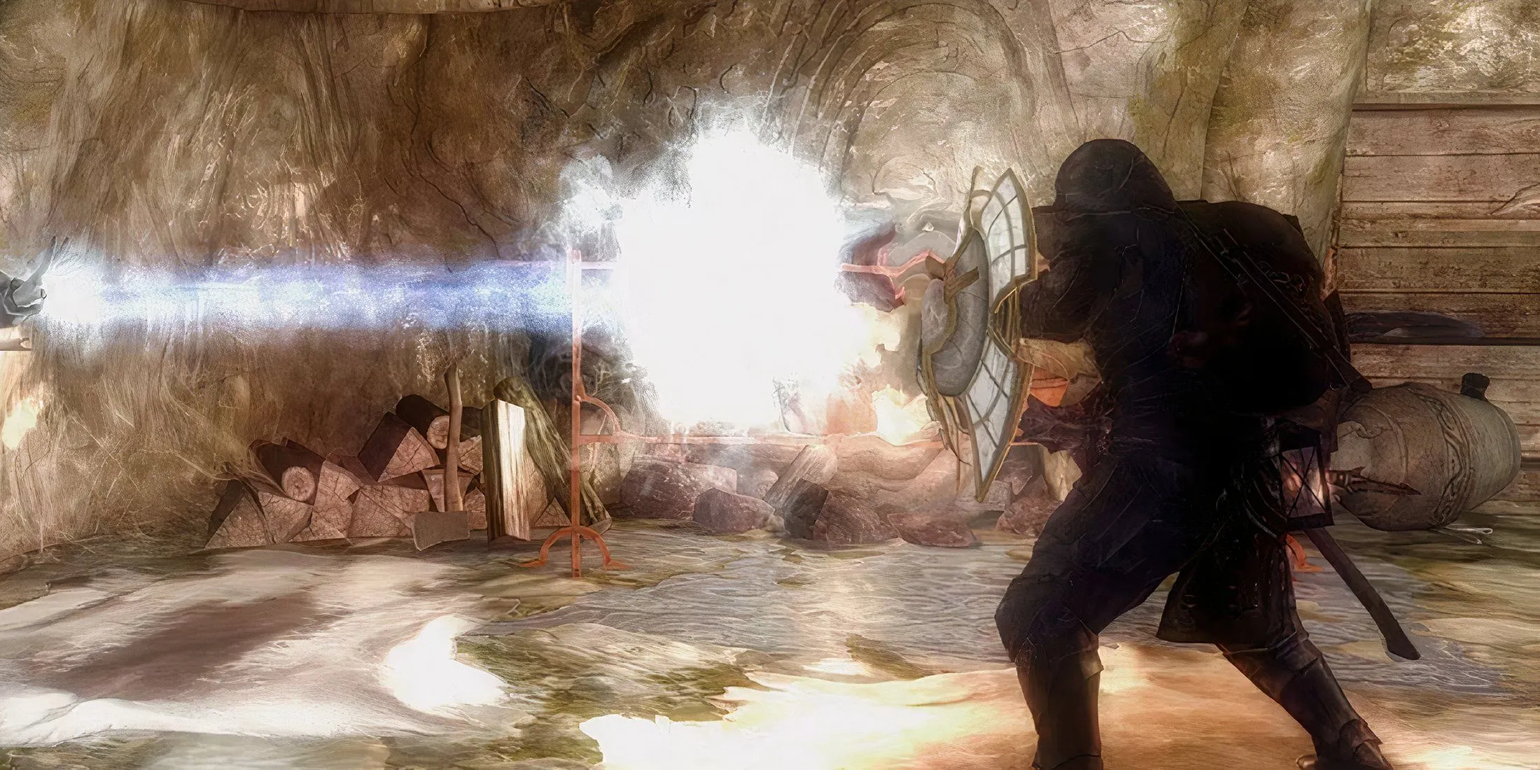 Nhân vật sử dụng khiên Spellbreaker để đỡ đòn phép thuật trong Skyrim