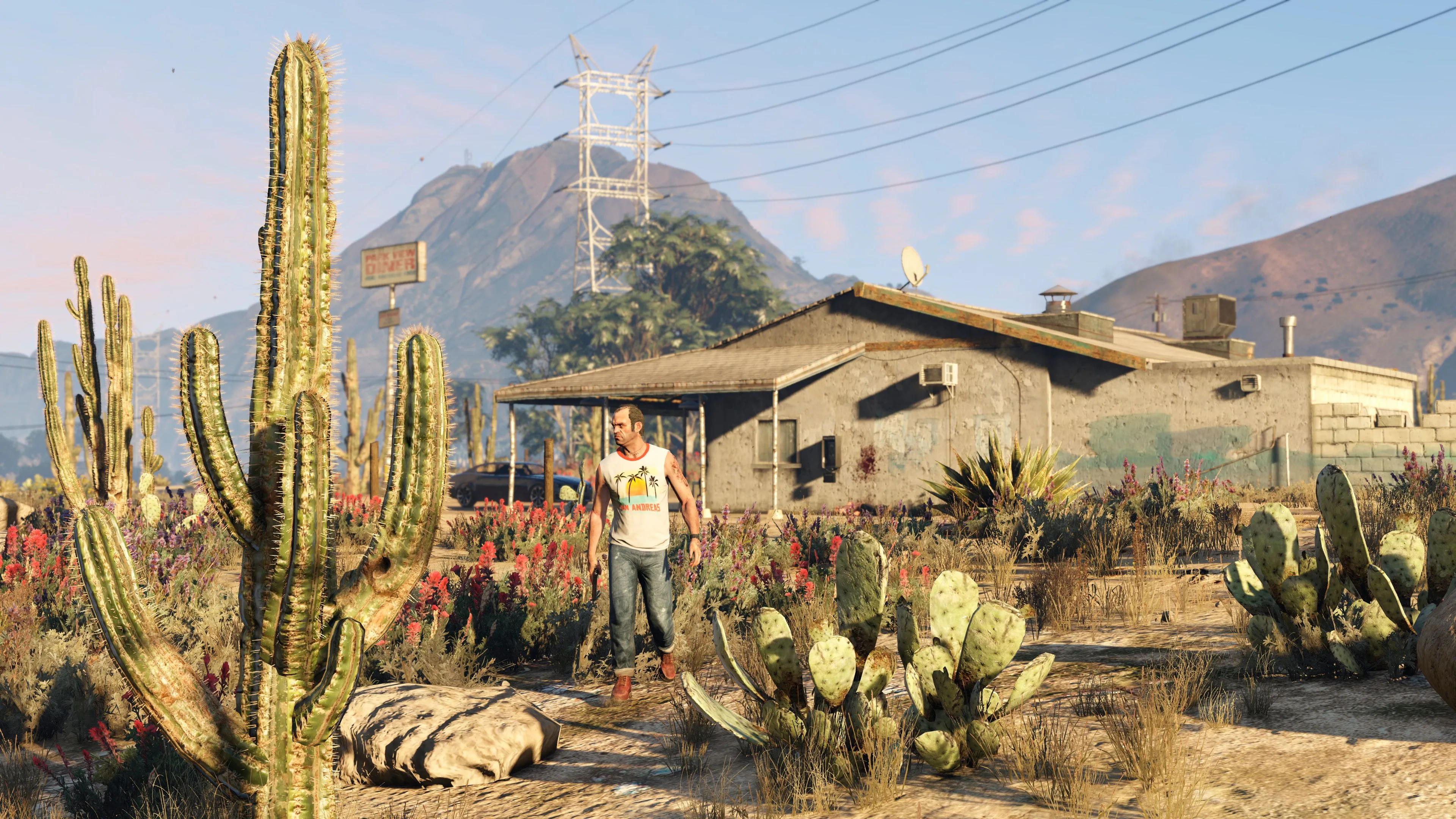 Nhân vật Trevor trong GTA 5 tại Blaine County, thể hiện bối cảnh game có thể được mở rộng
