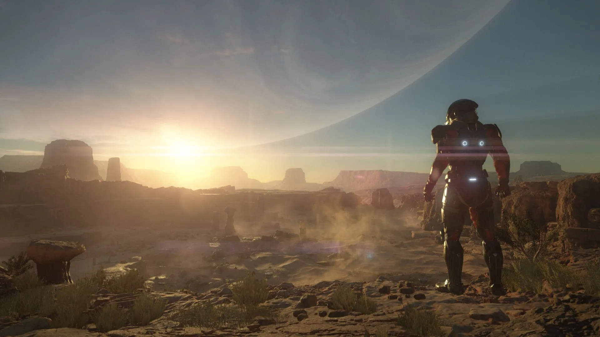 Nhân vật trong game Mass Effect Andromeda đứng ngắm cảnh hoàng hôn trên một hành tinh xa lạ, thể hiện không gian rộng lớn và cốt truyện phiêu lưu