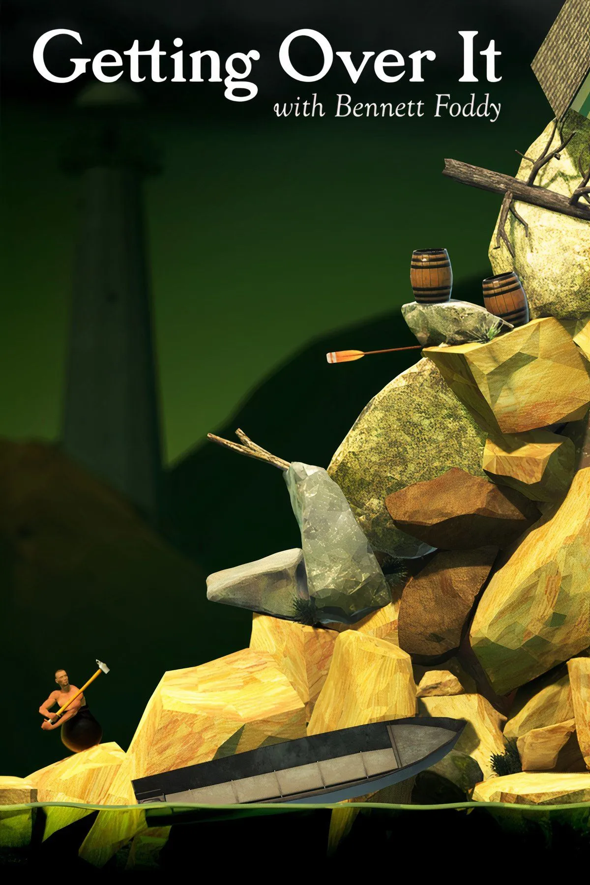 Nhân vật trong Getting Over It with Bennett Foddy đang cố gắng leo núi bằng chiếc búa, cảnh quan đầy những vật thể kỳ lạ
