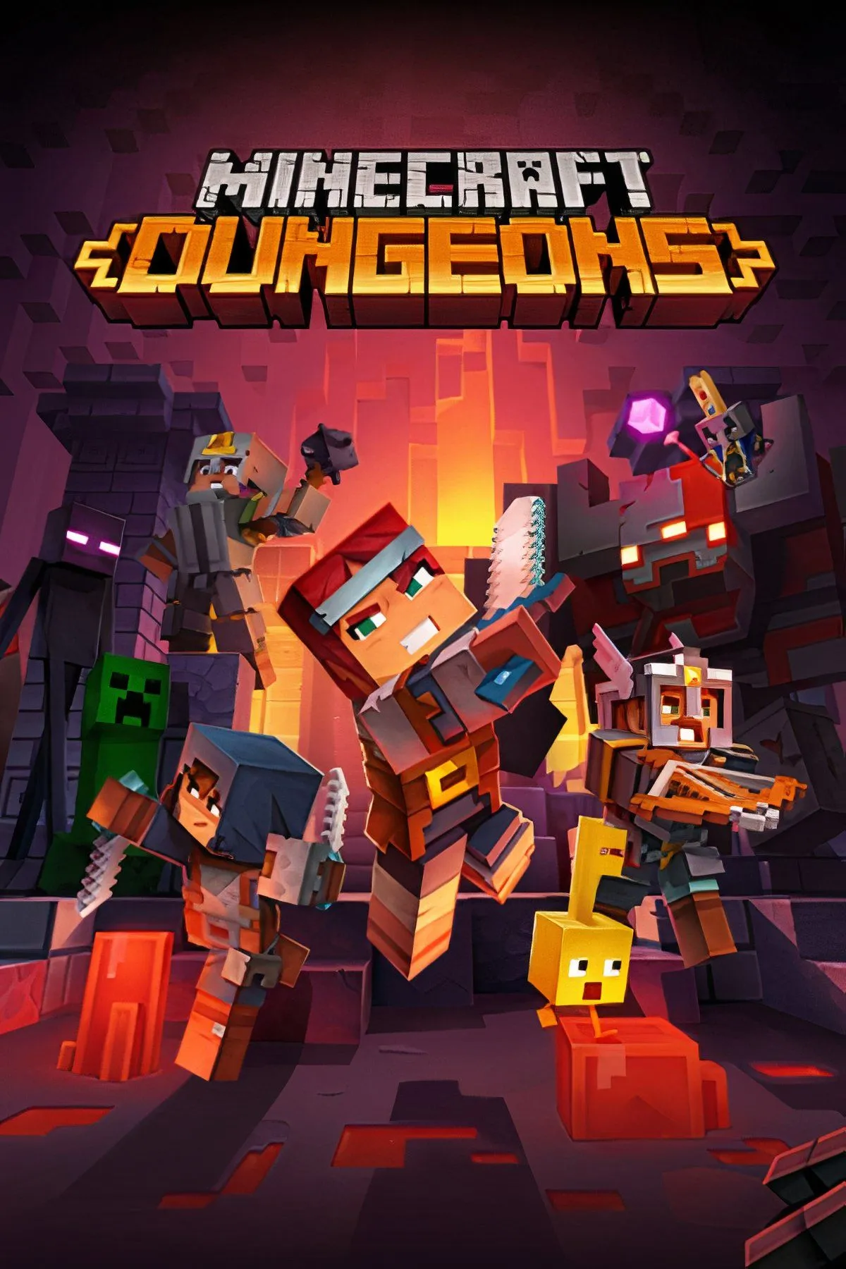 Nhân vật trong Minecraft Dungeons chiến đấu với quái vật khối vuông trong hầm ngục.