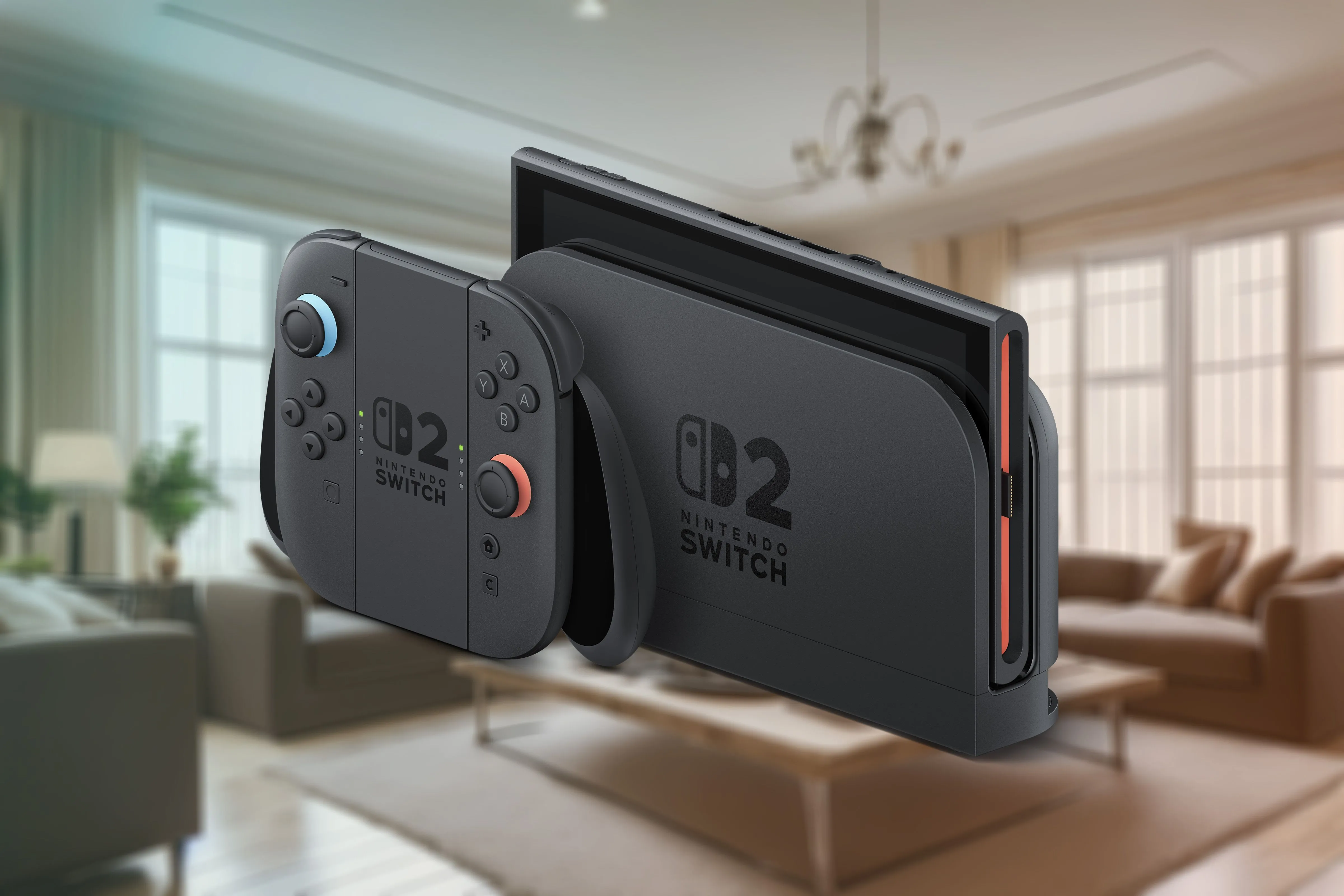 Nintendo Switch 2 trong dock kèm tay cầm Joy-Con 2 trên nền phòng khách