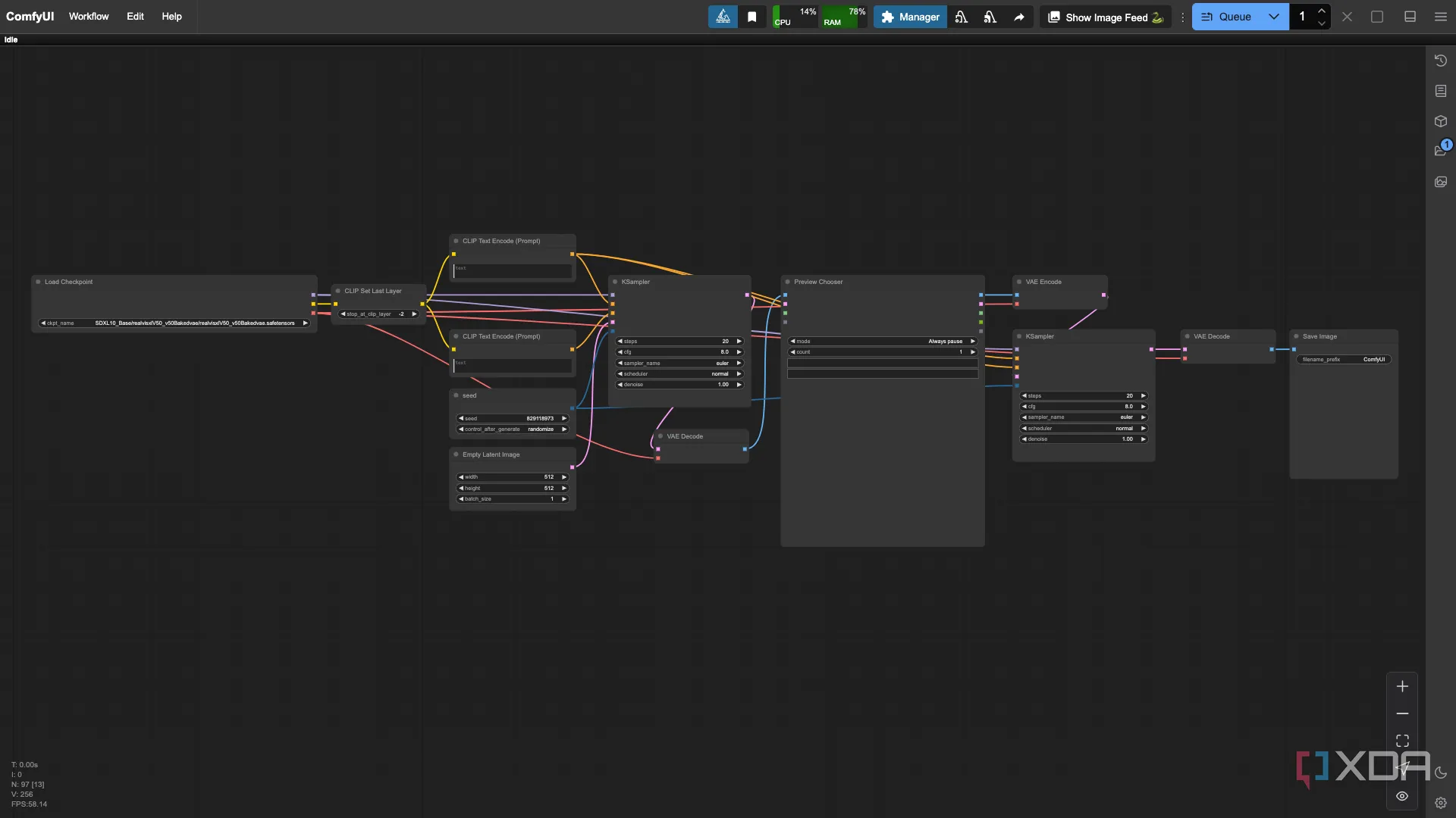 Node Preview Chooser được tích hợp vào một workflow ComfyUI đơn giản