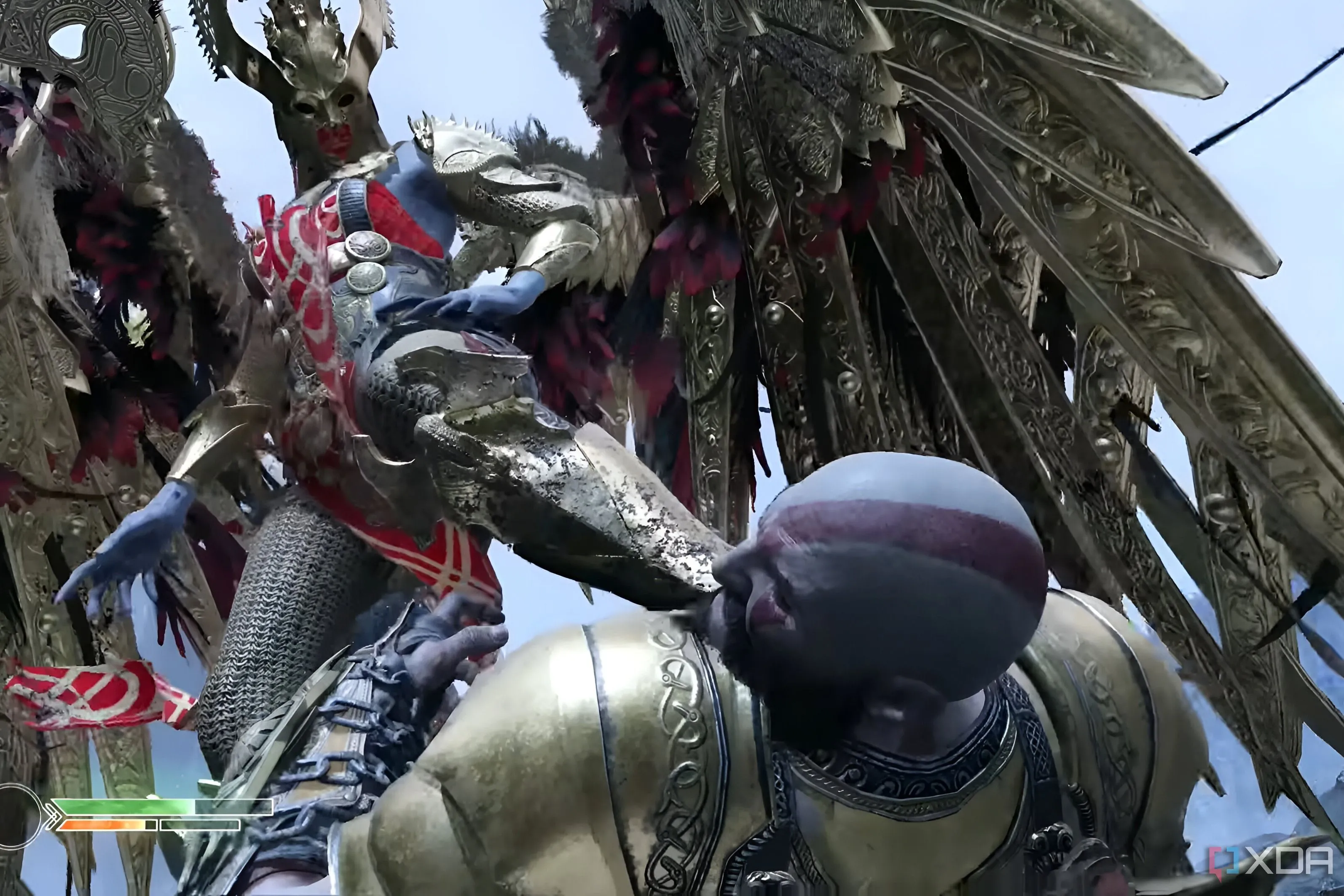 Nữ hoàng Valkyrie Sigrun đặt chân lên mặt Kratos trong một phân cảnh chiến đấu đầy thử thách của God of War (2018).