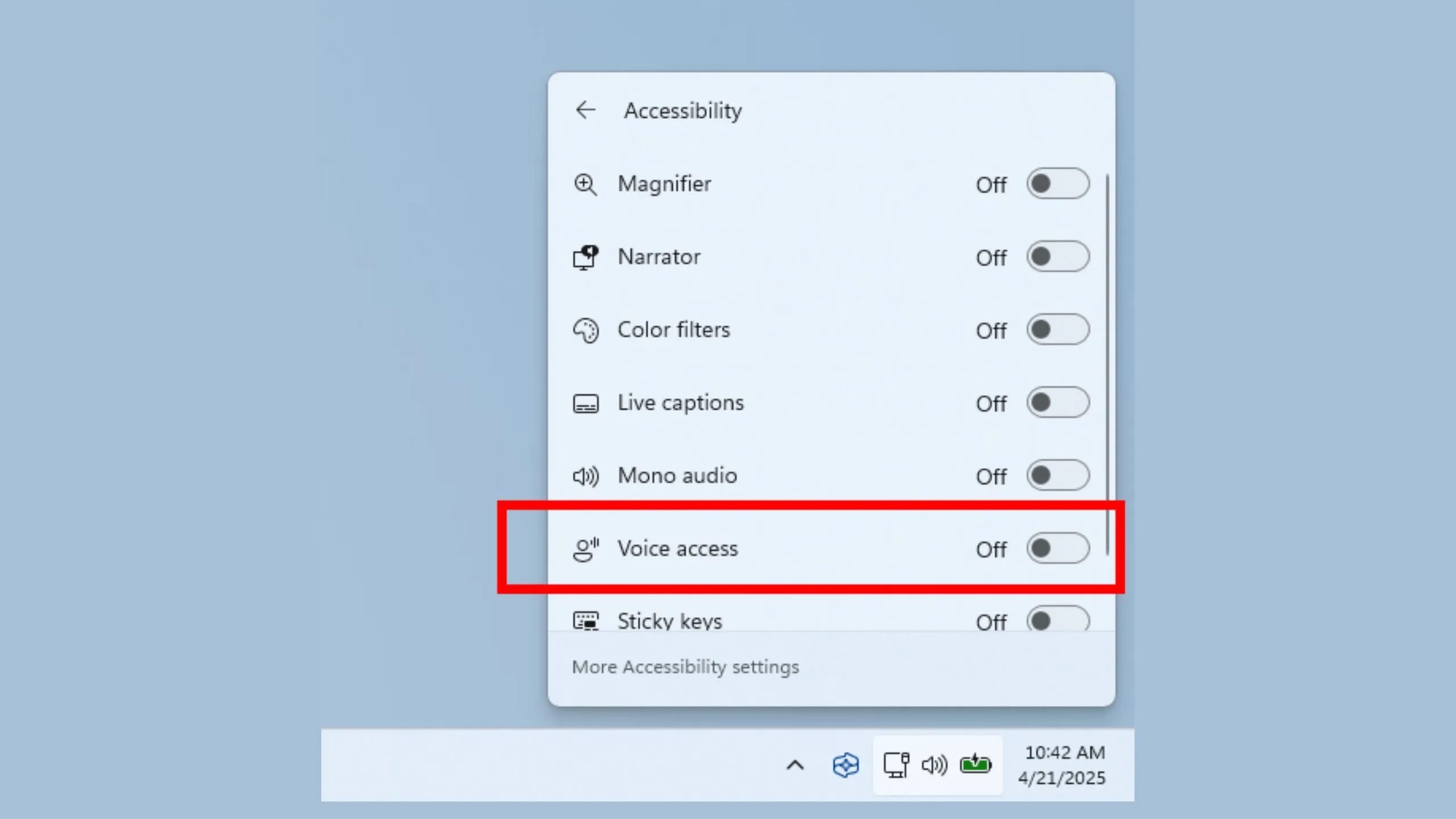 Nút bật tắt Voice access trong bảng điều khiển Quick Actions của Windows 11
