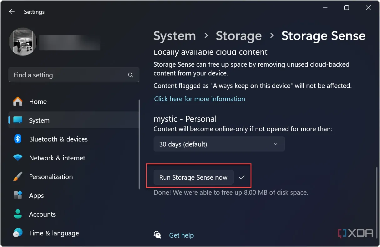 Nút &quot;Chạy Cảm biến Lưu trữ ngay bây giờ&quot; trong cài đặt Storage Sense của Windows 11 để quản lý tệp OneDrive.