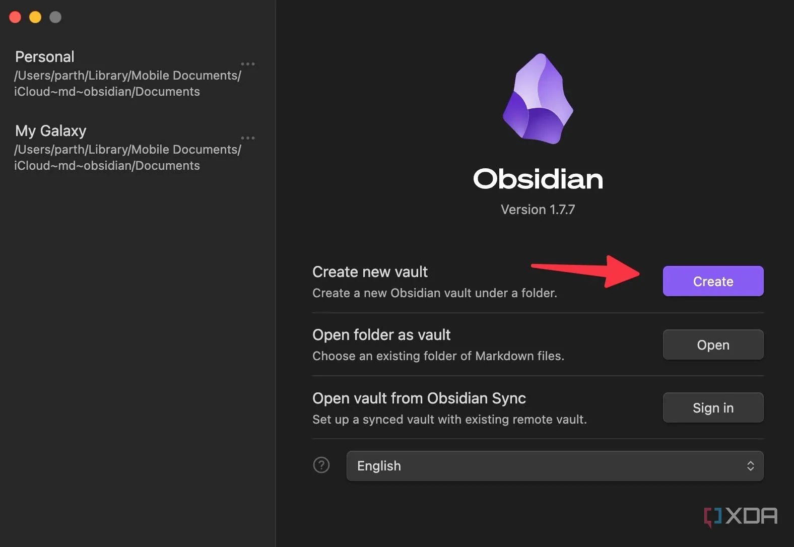 Nút &quot;Create&quot; để tạo vault mới trong Obsidian