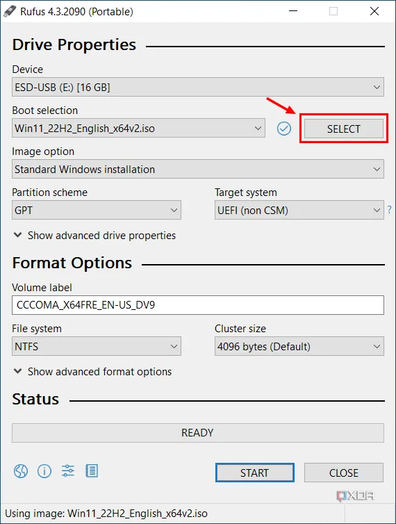 Nút SELECT trong Rufus được đánh dấu để chọn tệp ISO nguồn