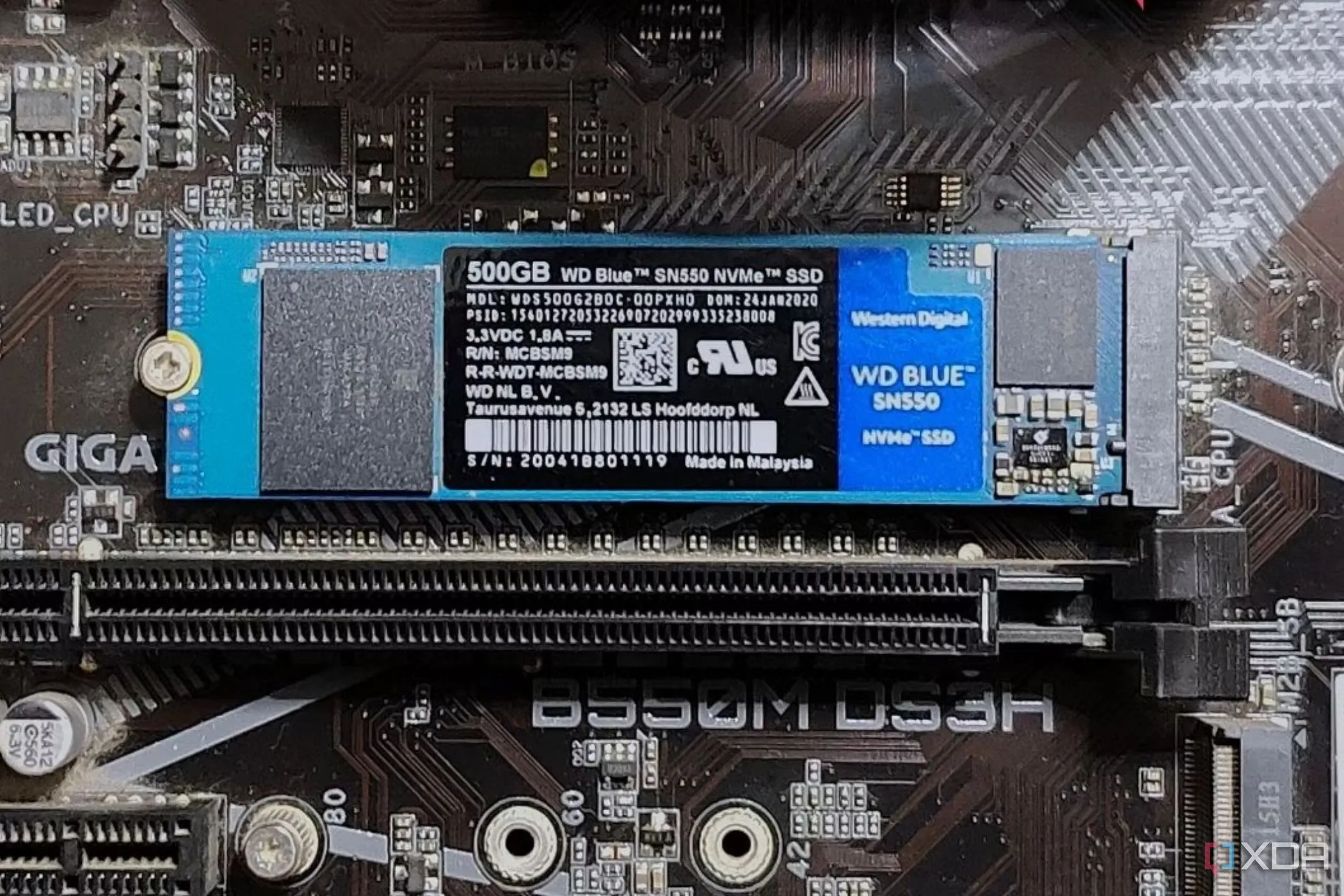 Ổ cứng SSD M.2 WD Blue SN550 được gắn trên bo mạch chủ, minh họa cho phần cứng lưu trữ mà hệ thống tệp ReFS quản lý.