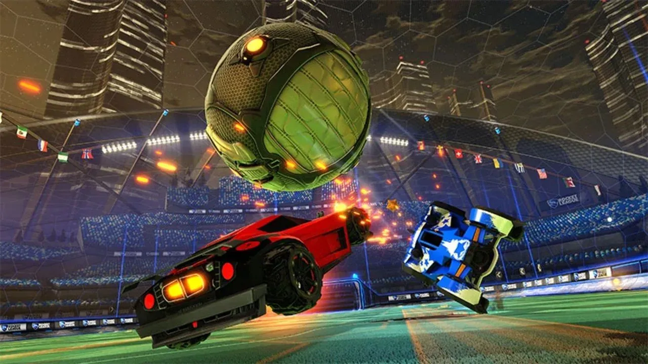 Ô tô nhảy lên không trung để đánh bóng vào khung thành trong game Rocket League sôi động