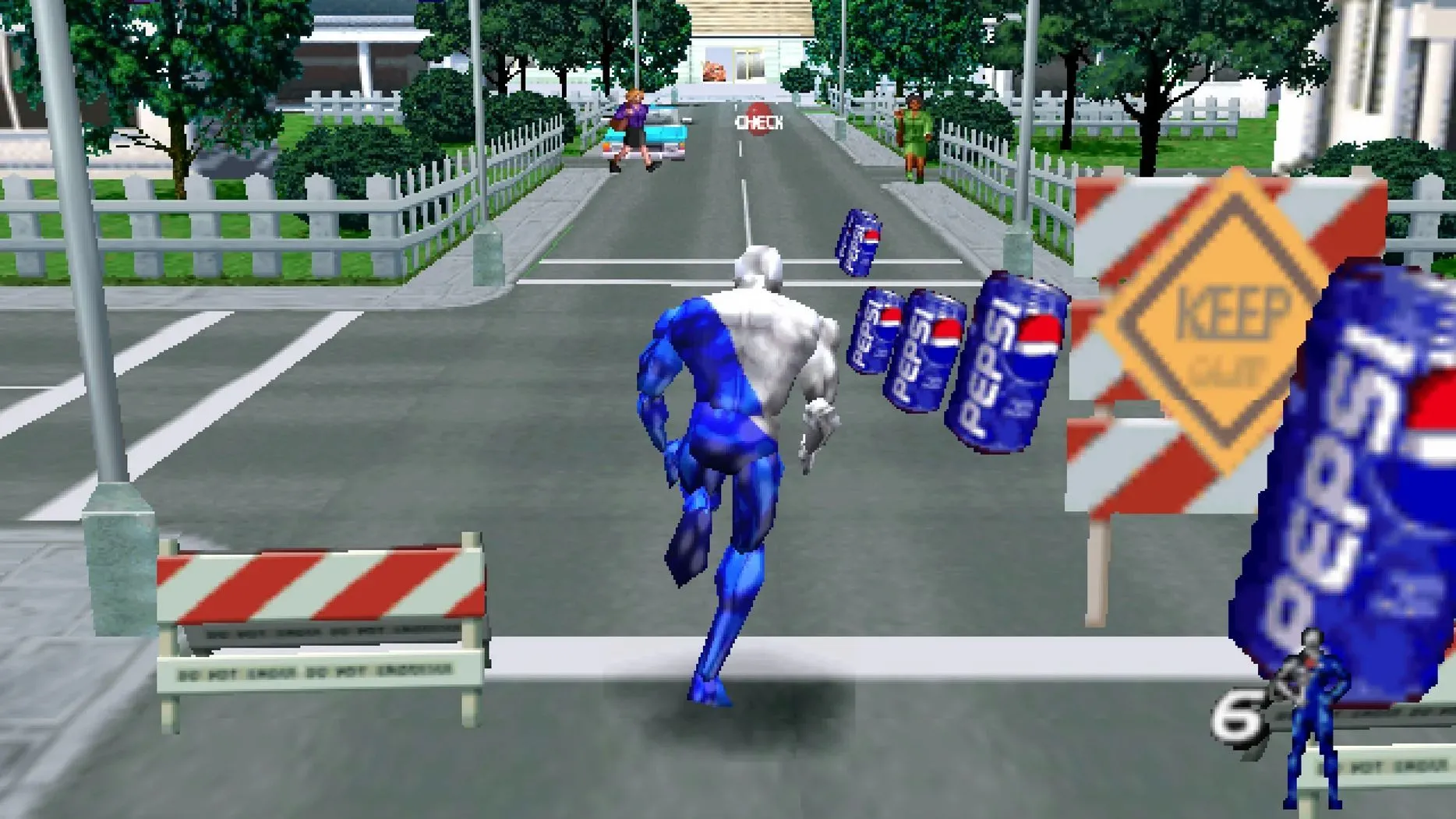 Pepsiman đang chạy trên đường, thu thập lon Pepsi trong trò chơi infinite runner cùng tên trên PS1