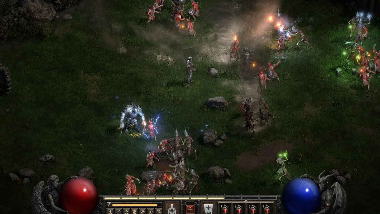 Pháp sư Diablo 2 Resurrected chiến đấu trên cánh đồng, minh họa lối chơi nhập vai hành động RPG kinh điển
