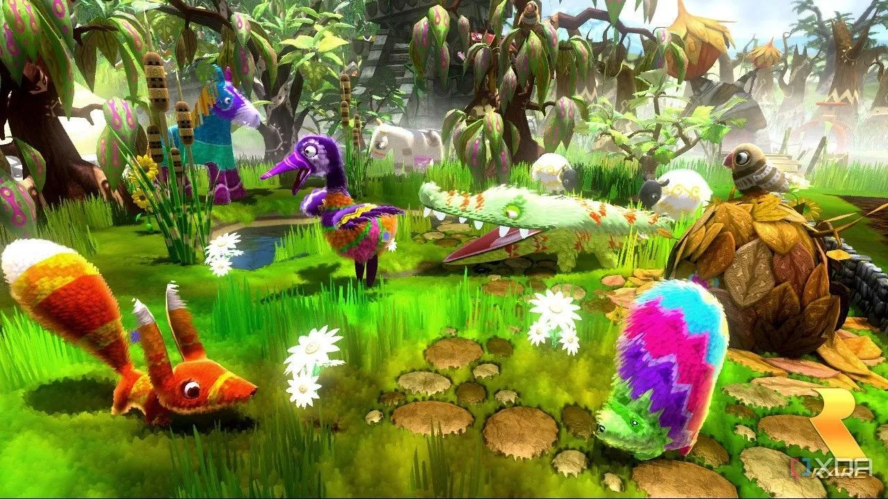 Piñata nhím và cáo trong khu vườn Viva Piñata, tượng trưng cho lối chơi nông trại thư giãn.