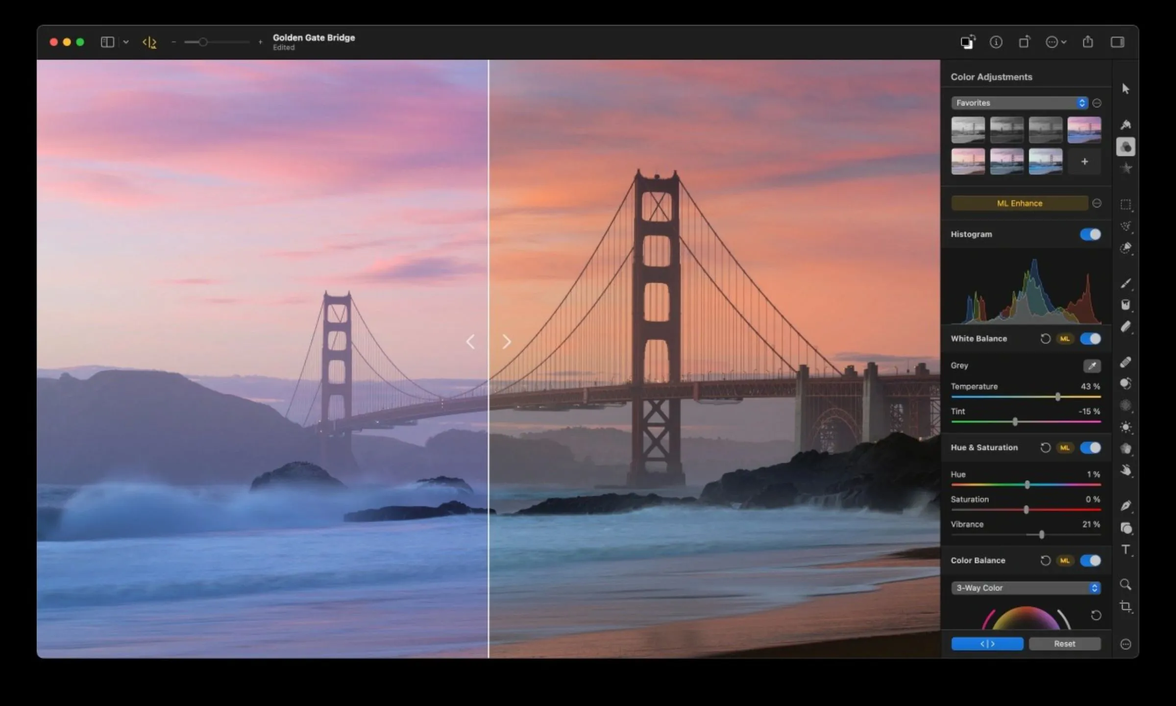 Pixelmator Pro đang chỉnh sửa ảnh Cầu Cổng Vàng