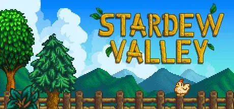 Poster game Stardew Valley với phong cảnh nông trại và nhân vật pixel art.