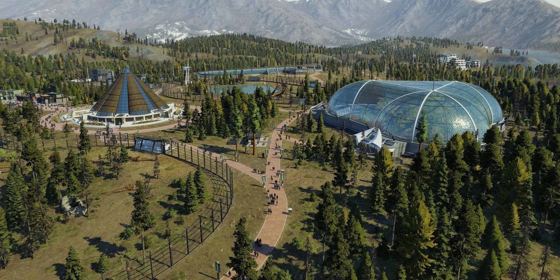 Quang cảnh toàn bộ công viên khủng long được xây dựng trong Jurassic World Evolution 2