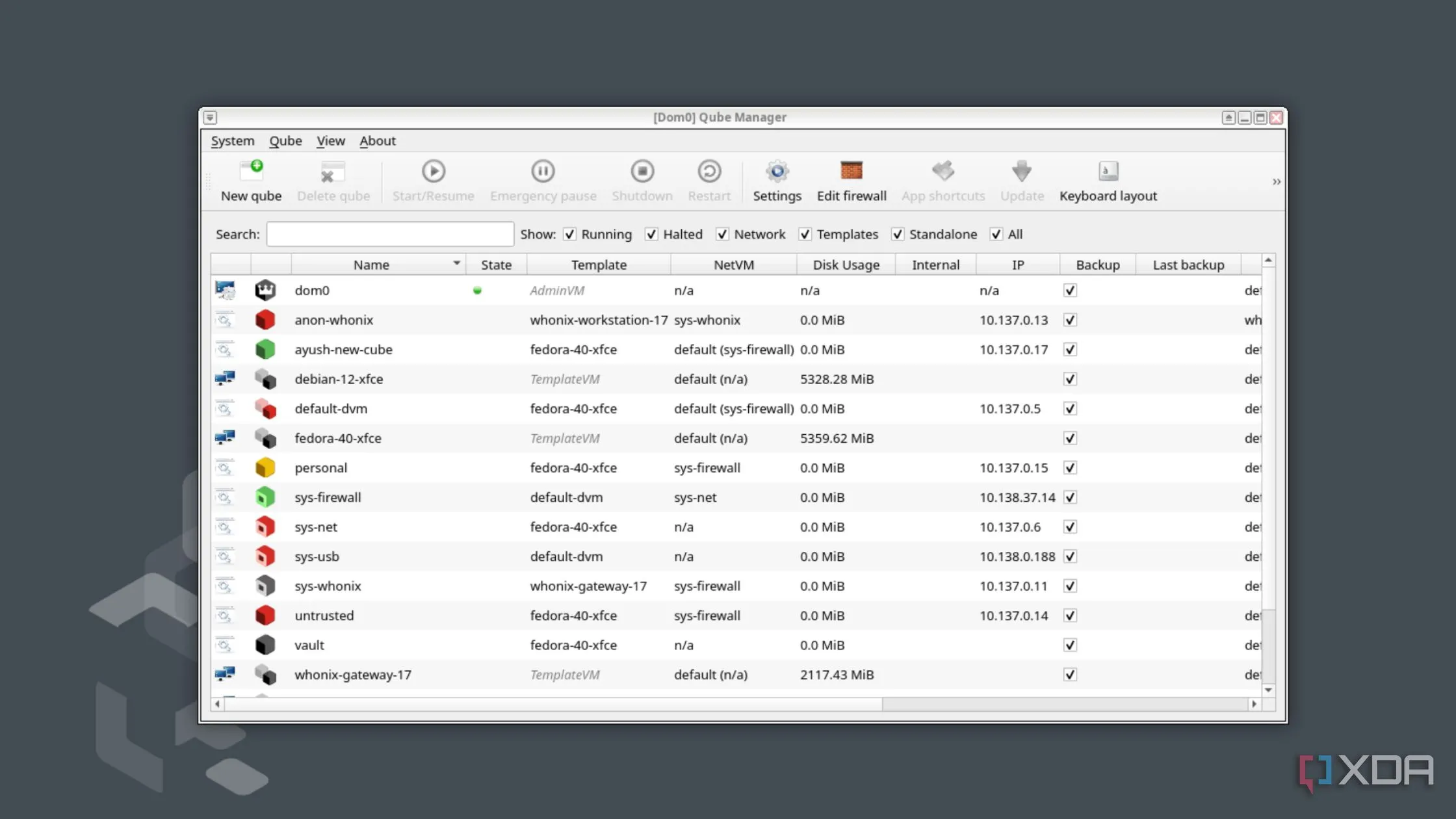 Qube Manager hiển thị danh sách và trạng thái của các qubes trong hệ thống