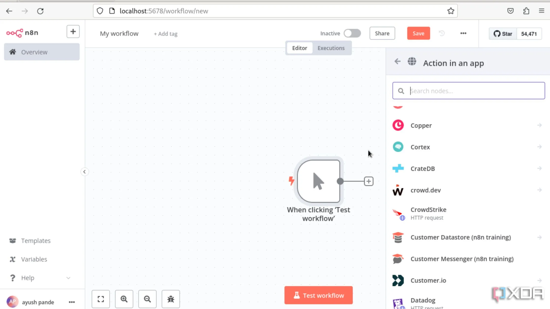 Quy trình tạo một workflow thử nghiệm trong n8n, thể hiện giao diện thiết kế của nền tảng tự động hóa này.