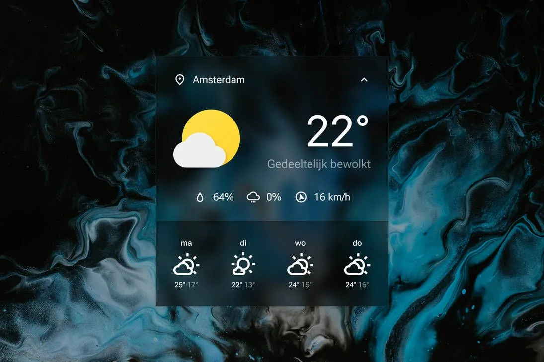 Rainmeter skin Sienna Weather với thiết kế dạng thẻ kính mờ, hiển thị dự báo thời tiết chi tiết cho nhiều thành phố trên desktop Windows.