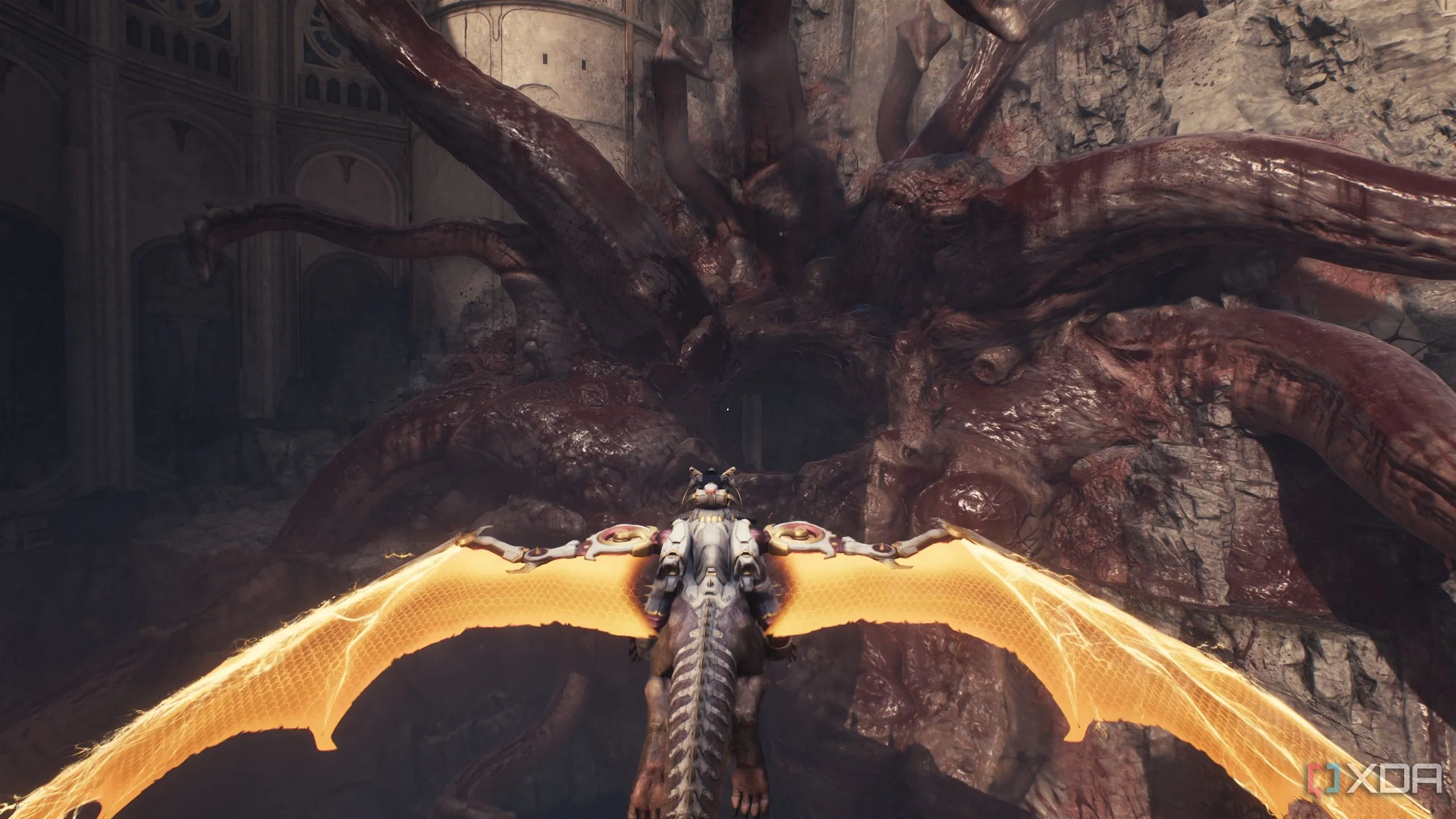Rồng Serrat bay xuyên qua một Leviathan quỷ dữ khổng lồ bị kẹt trên tường thành phố trong Doom: The Dark Ages
