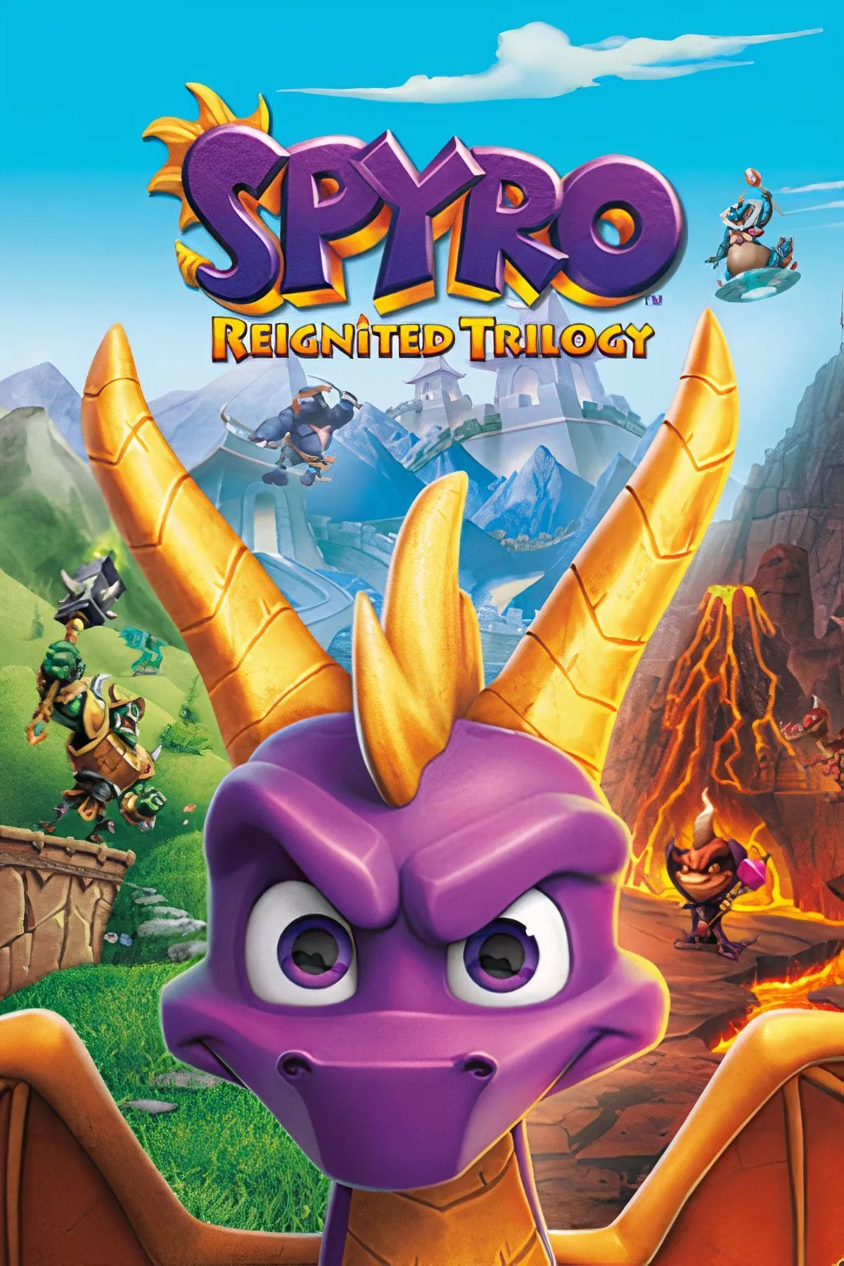 Rồng Spyro bay lượn trên một hòn đảo đầy màu sắc trong game Spyro Reignited Trilogy.