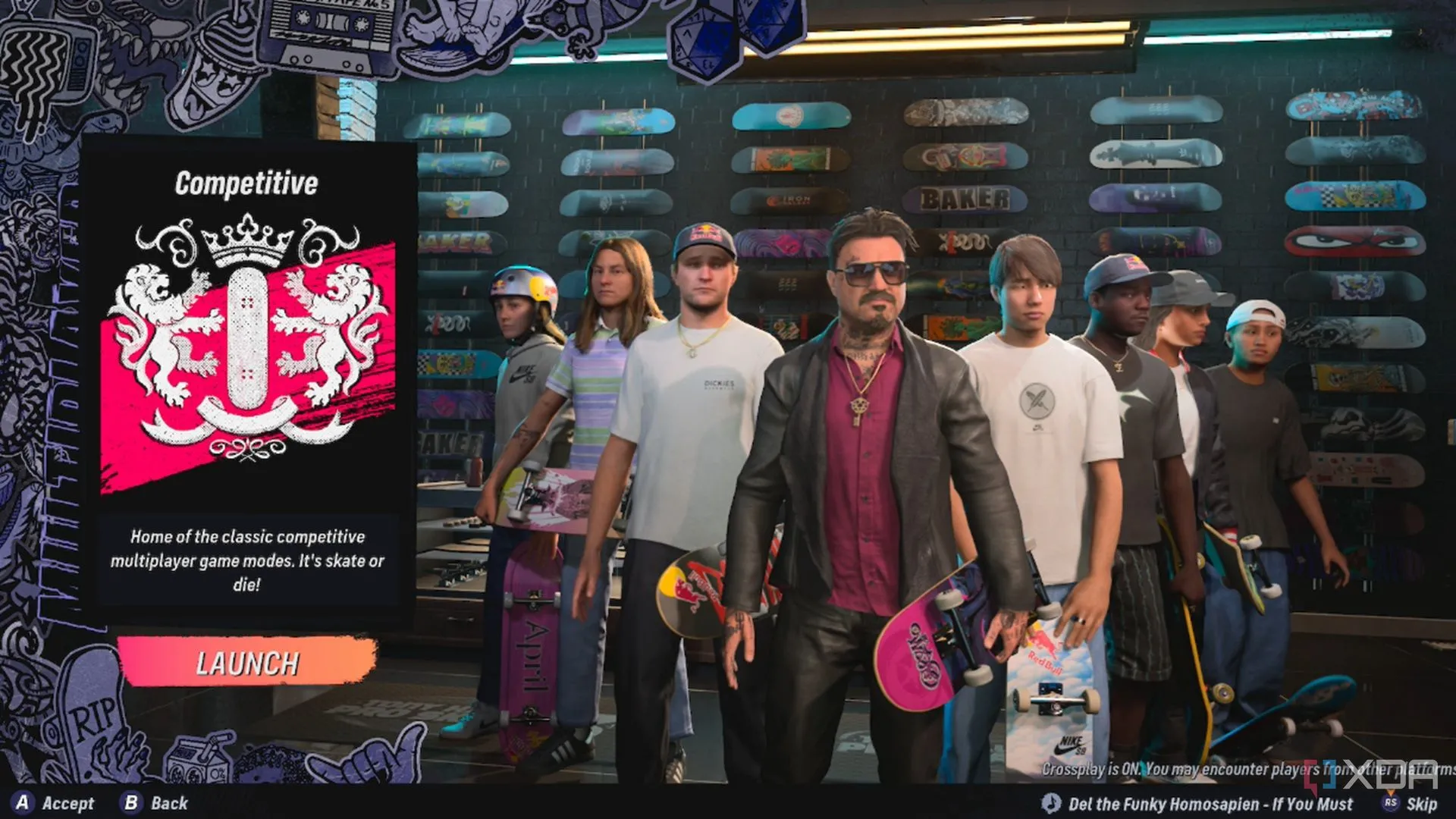 Sảnh chờ chế độ multiplayer online của Tony Hawk's Pro Skater 3+4, nơi người chơi có thể cạnh tranh hoặc trượt tự do cùng nhau.