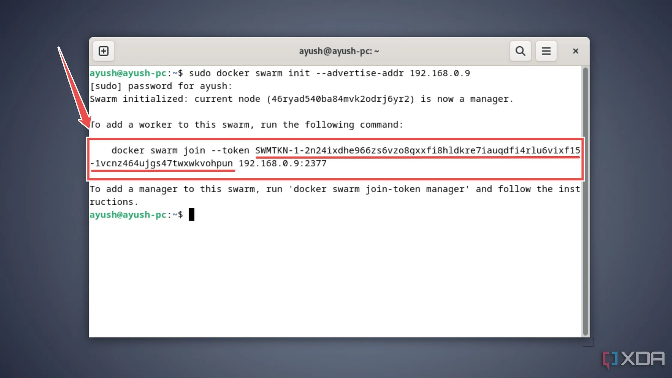 Sao chép token để các node worker tham gia cụm Docker Swarm