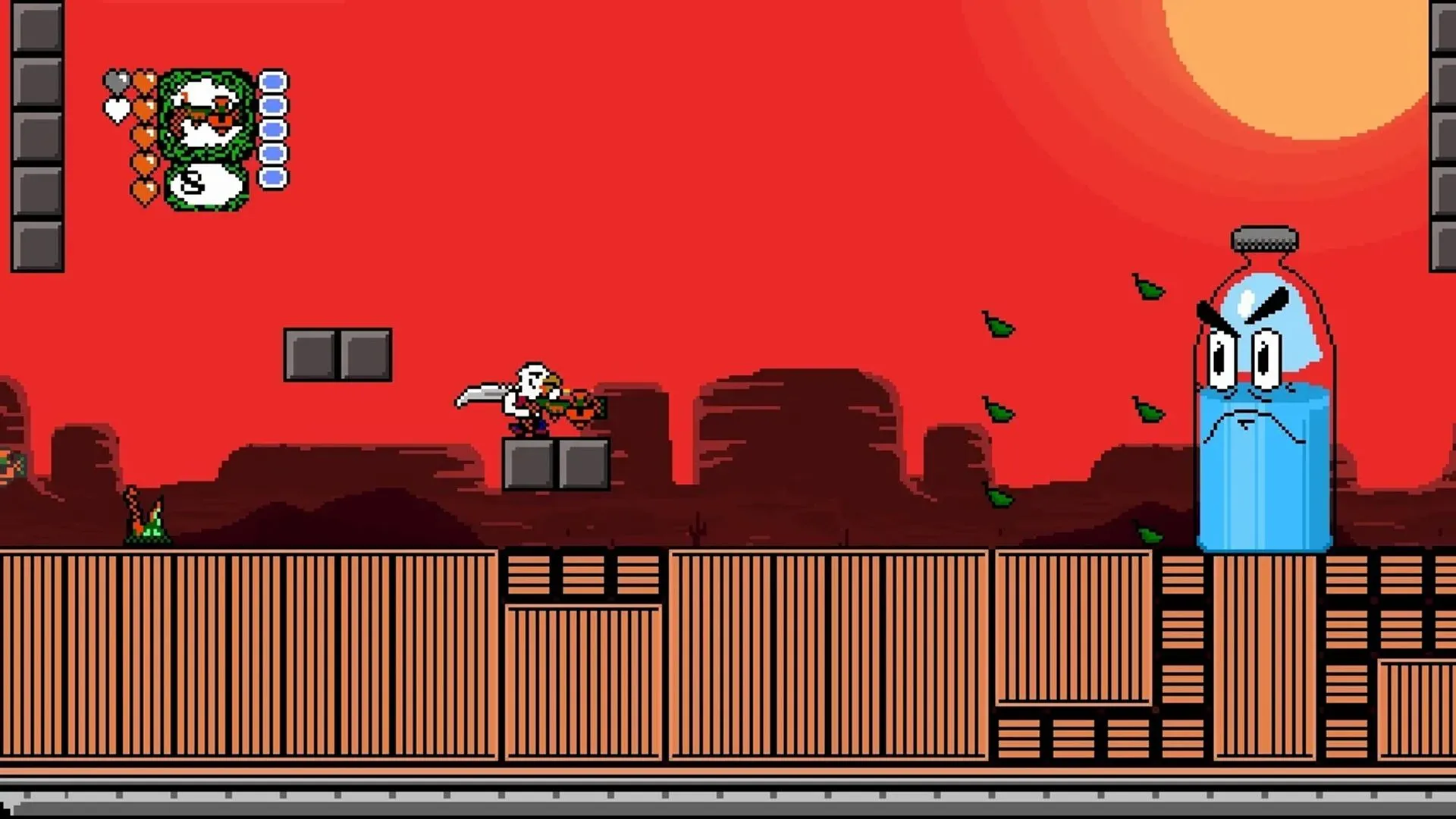 Screenshot gameplay của Revenge of the Bird King, giới thiệu anh hùng Dwanye nửa người nửa chim chiến đấu trên nền tảng hành động 16-bit, trong thế giới Gunworld đầy súng.