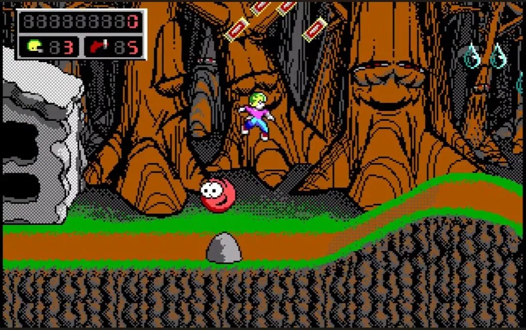 Screenshot màn hình cấp độ đầu tiên của Commander Keen 4, với nhân vật chính Billy Blaze nhảy giữa các bệ trên nền không gian