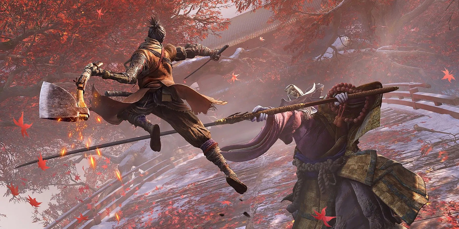 Shinobi Wolf tấn công kẻ thù nhà sư khổng lồ trong Sekiro: Shadows Die Twice, minh họa cho độ khó và cơ chế chiến đấu đa dạng của From Software