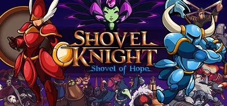 Shovel Knight đang chiến đấu với một kẻ thù bằng chiếc xẻng đặc trưng của mình trong môi trường đồ họa pixel art 8-bit sống động.