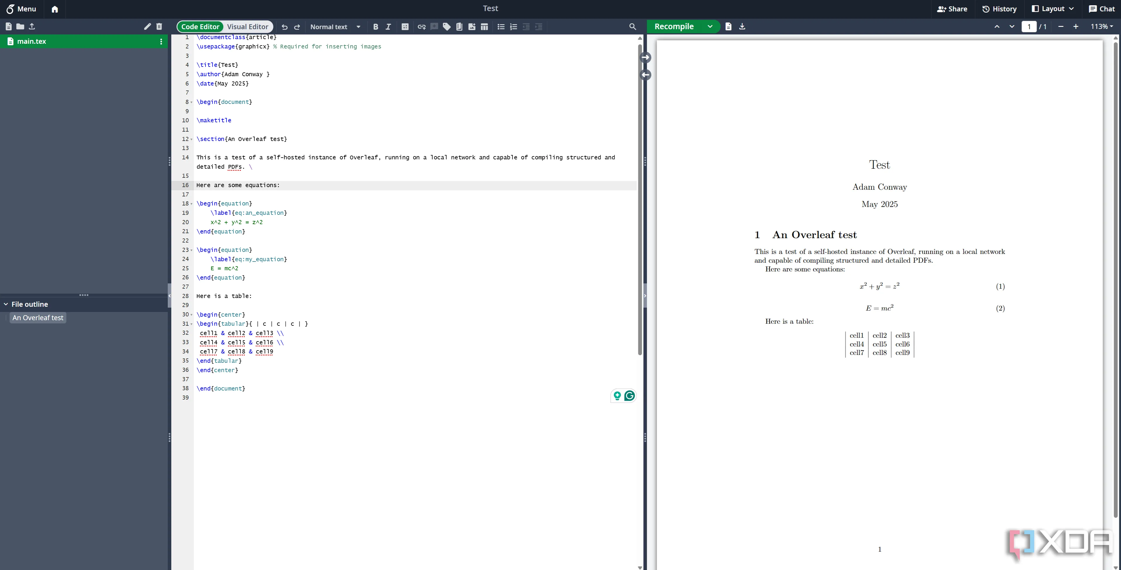 Showing a test document in a self-hosted Overleaf instance