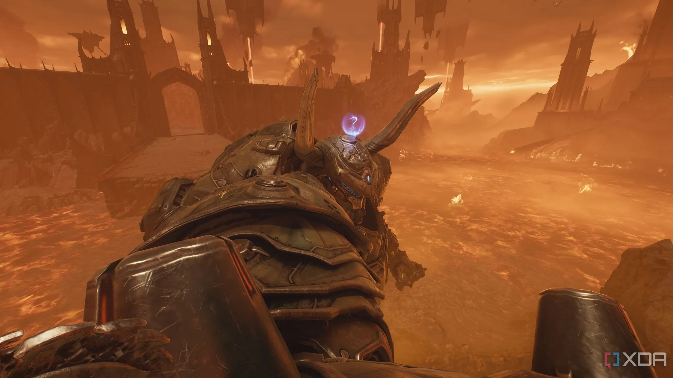 Slayer đứng trên vai Atlan Mech, nơi chứa vật phẩm bí mật đồ chơi trong Doom The Dark Ages Chương 11.