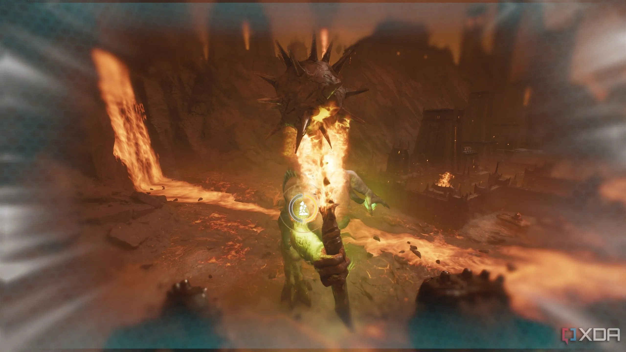 Slayer thực hiện né tránh hoàn hảo khỏi đòn tấn công của Titan để hoàn thành thử thách trong Doom The Dark Ages.