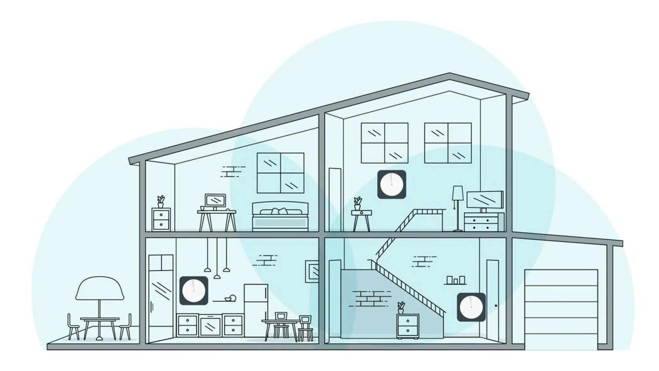 Sơ đồ mặt cắt ngôi nhà với ba vị trí đặt node mesh được đánh dấu, minh họa các điểm đặt tối ưu để mở rộng vùng phủ sóng Wi-Fi