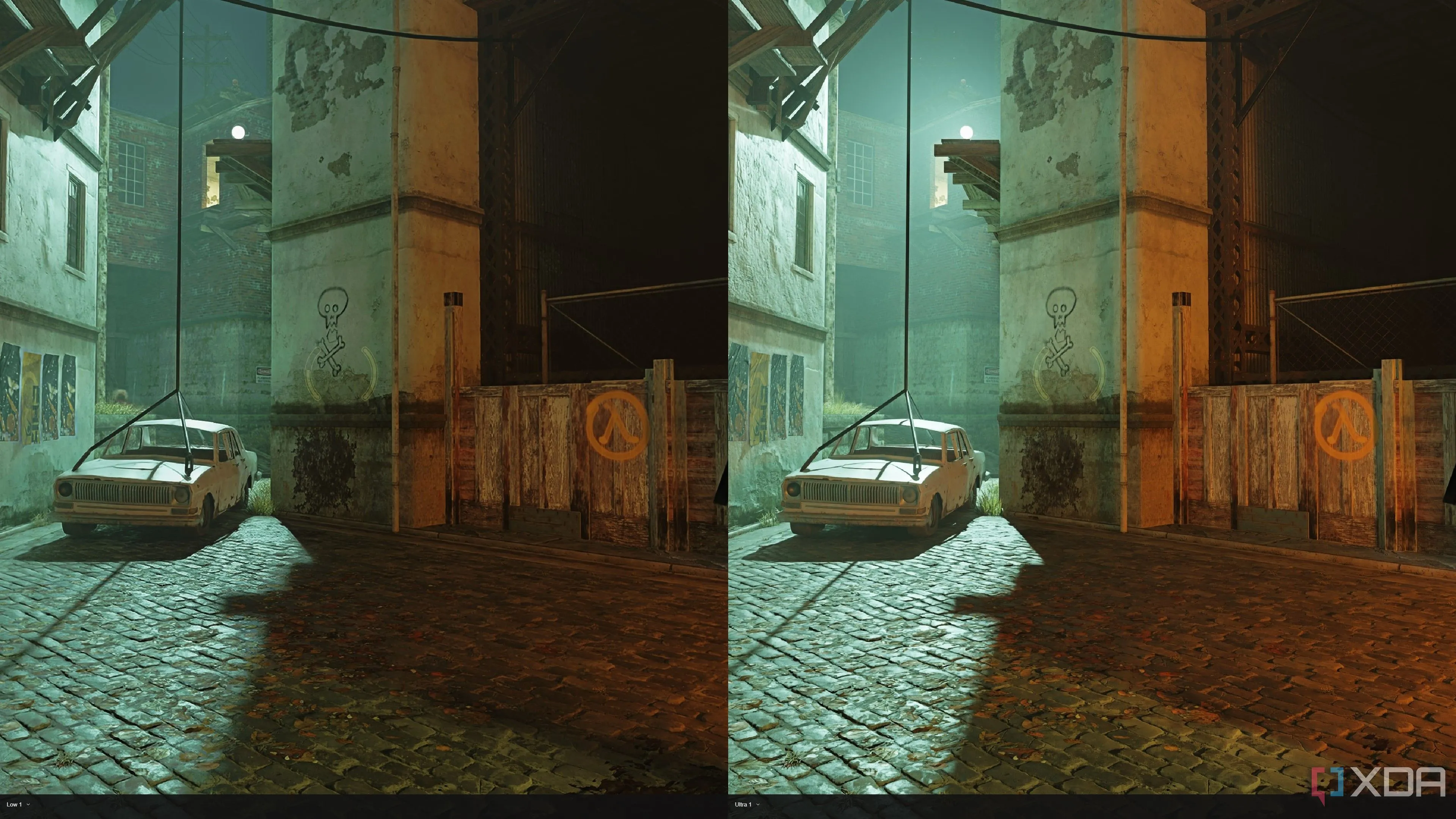 So sánh chất lượng ánh sáng ray-traced trong Half-Life 2 RTX giữa cài đặt Ultra và Low, thể hiện sự khác biệt về volumetric