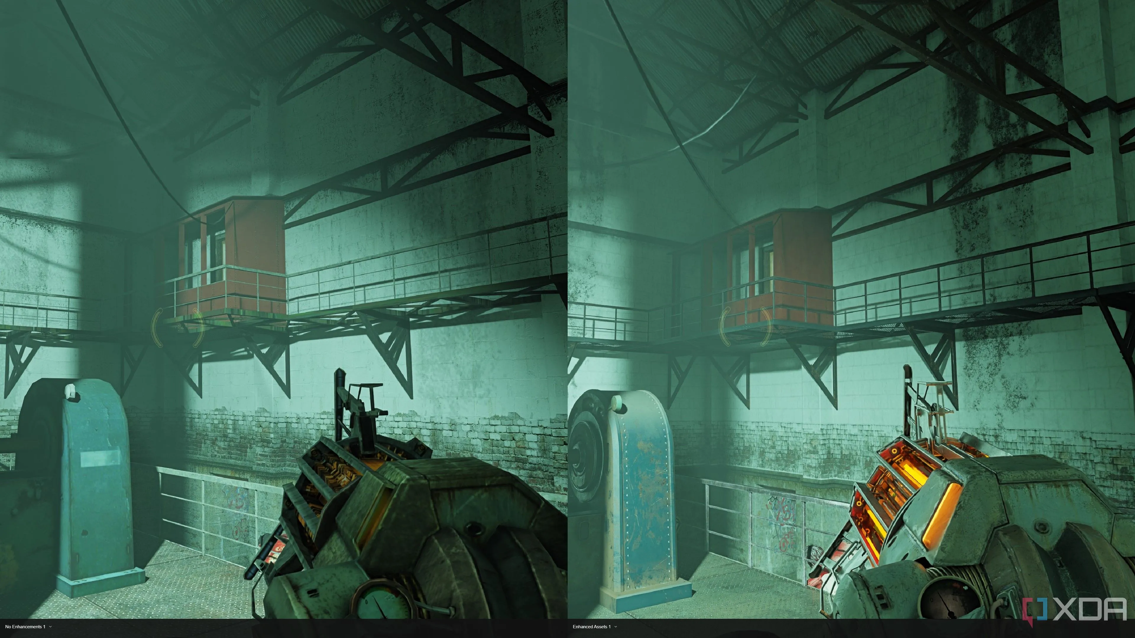 So sánh chi tiết vật liệu và lưới của súng trọng lực (Gravity Gun) và sàn grating trong Half-Life 2 RTX và bản gốc
