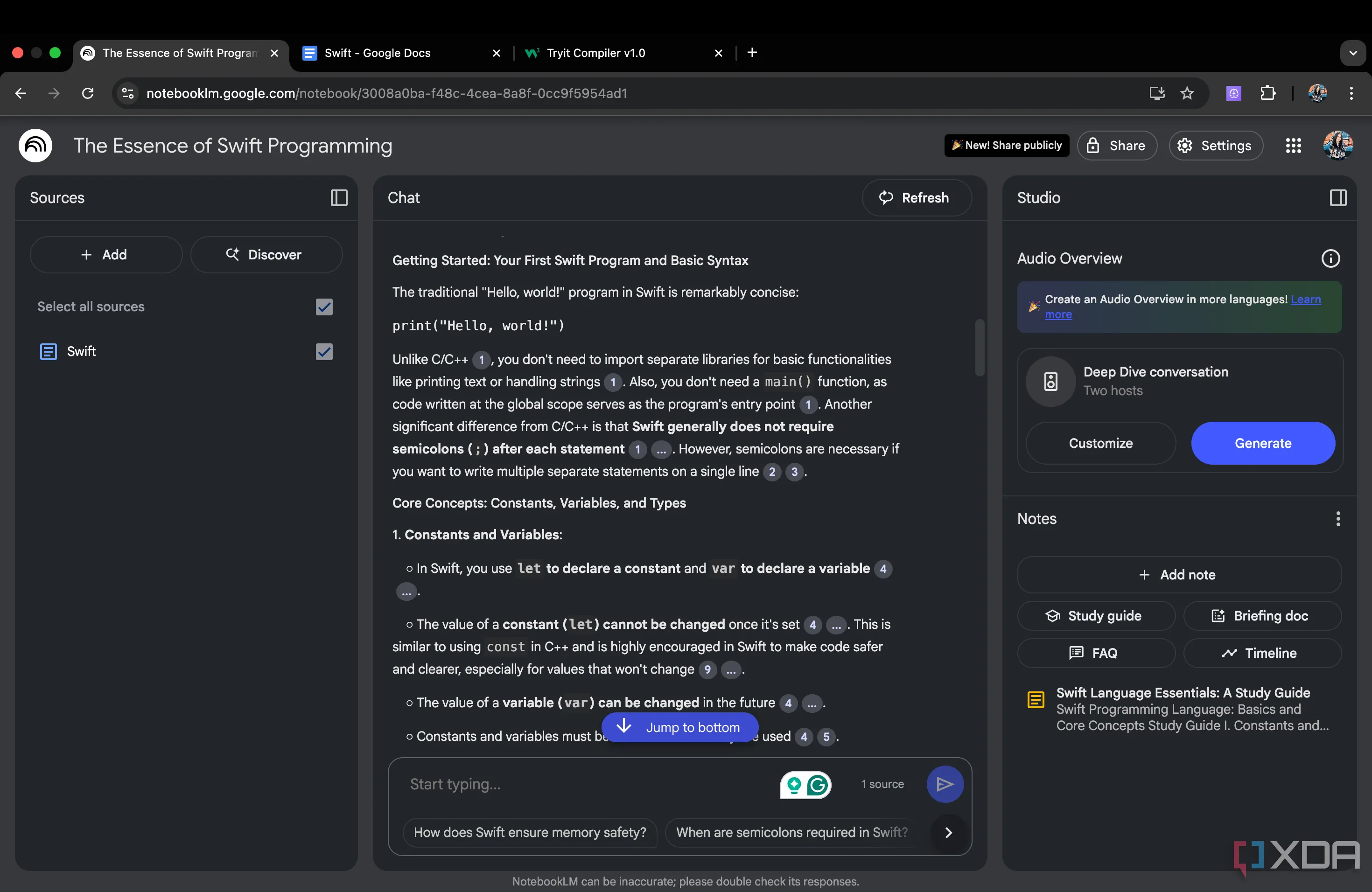So sánh cú pháp C và Swift trên NotebookLM