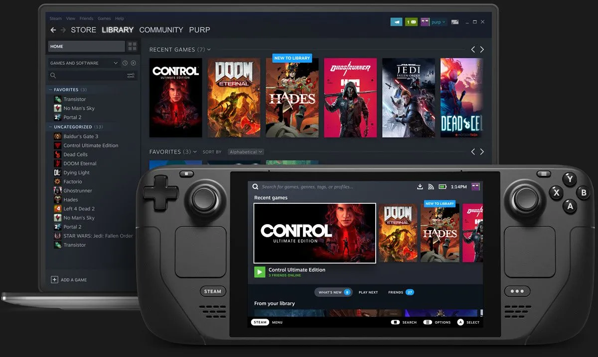 So sánh giao diện Steam trên máy tính xách tay và SteamOS trên Steam Deck, minh họa giao diện người dùng tập trung vào chơi game của SteamOS
