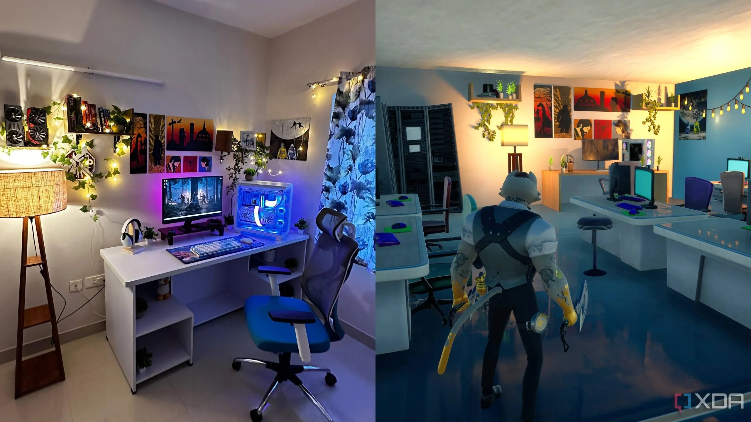 So sánh góc làm việc trong đời thực và trong bản đồ Fortnite Creative, cho thấy việc tái tạo các chi tiết cá nhân