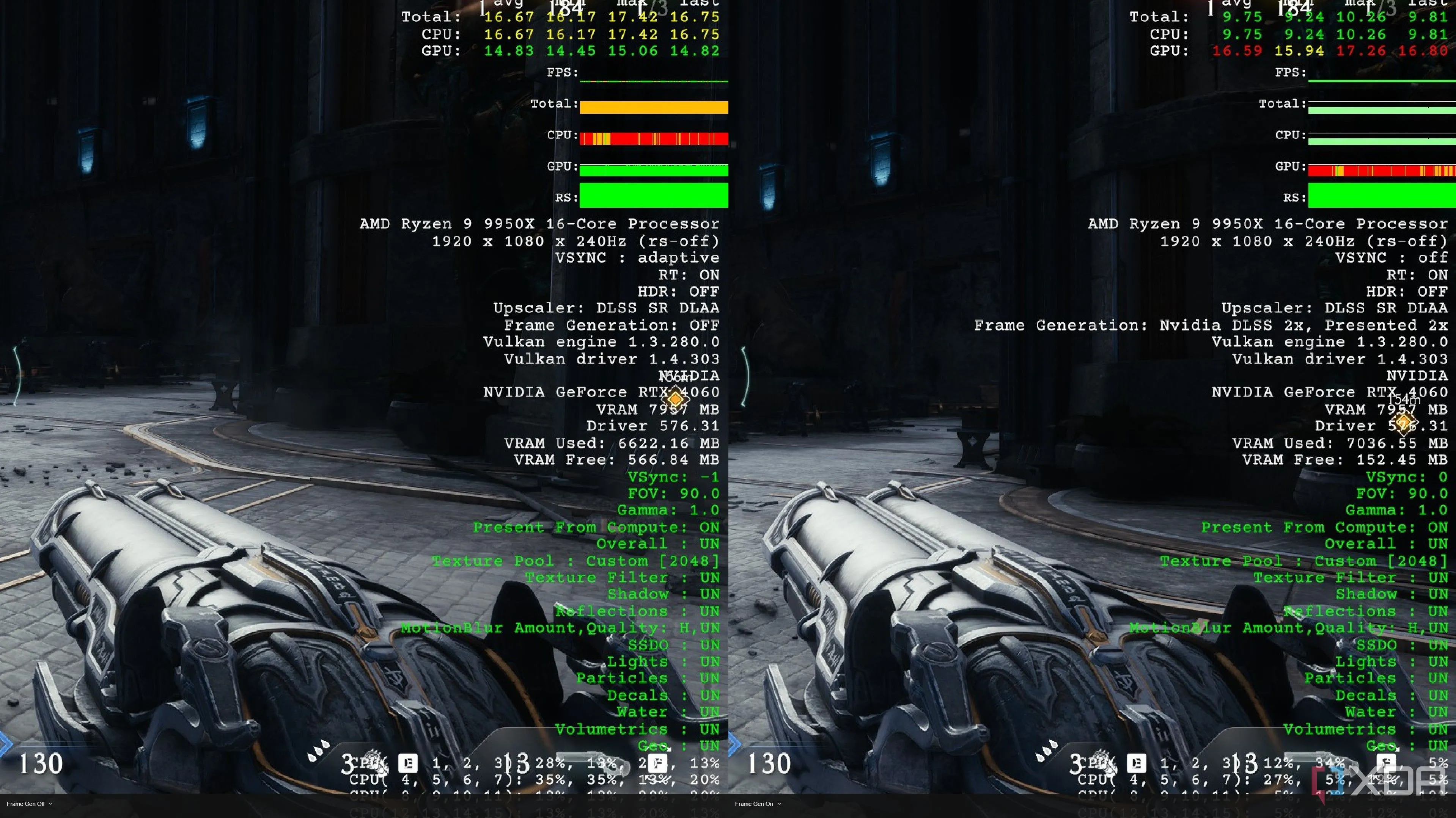 So sánh hiệu suất và mức tiêu thụ VRAM của Doom The Dark Ages khi bật và tắt tính năng Frame Generation trên card RTX 4060